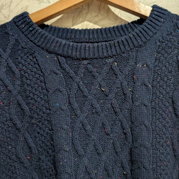 Vintage XL J. Crew Cable Knit Sweater Royal Navy Blue Speckled Wool Cotton - Picture 4 of 8